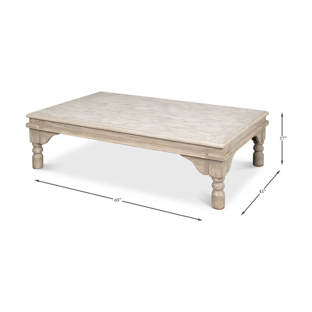 Dimensions illustration of washed gray lowrise coffee table.