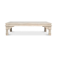 Wider front view of washed gray lowrise coffee table.