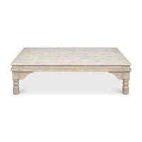 Front view of washed gray lowrise coffee table.