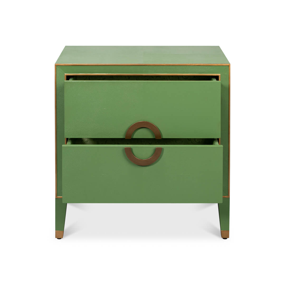 Watercress green nightstand with open drawers, interior view.