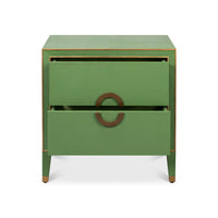 Watercress green nightstand with open drawers, interior view.