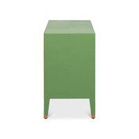 Side profile of watercress green modern nightstand.