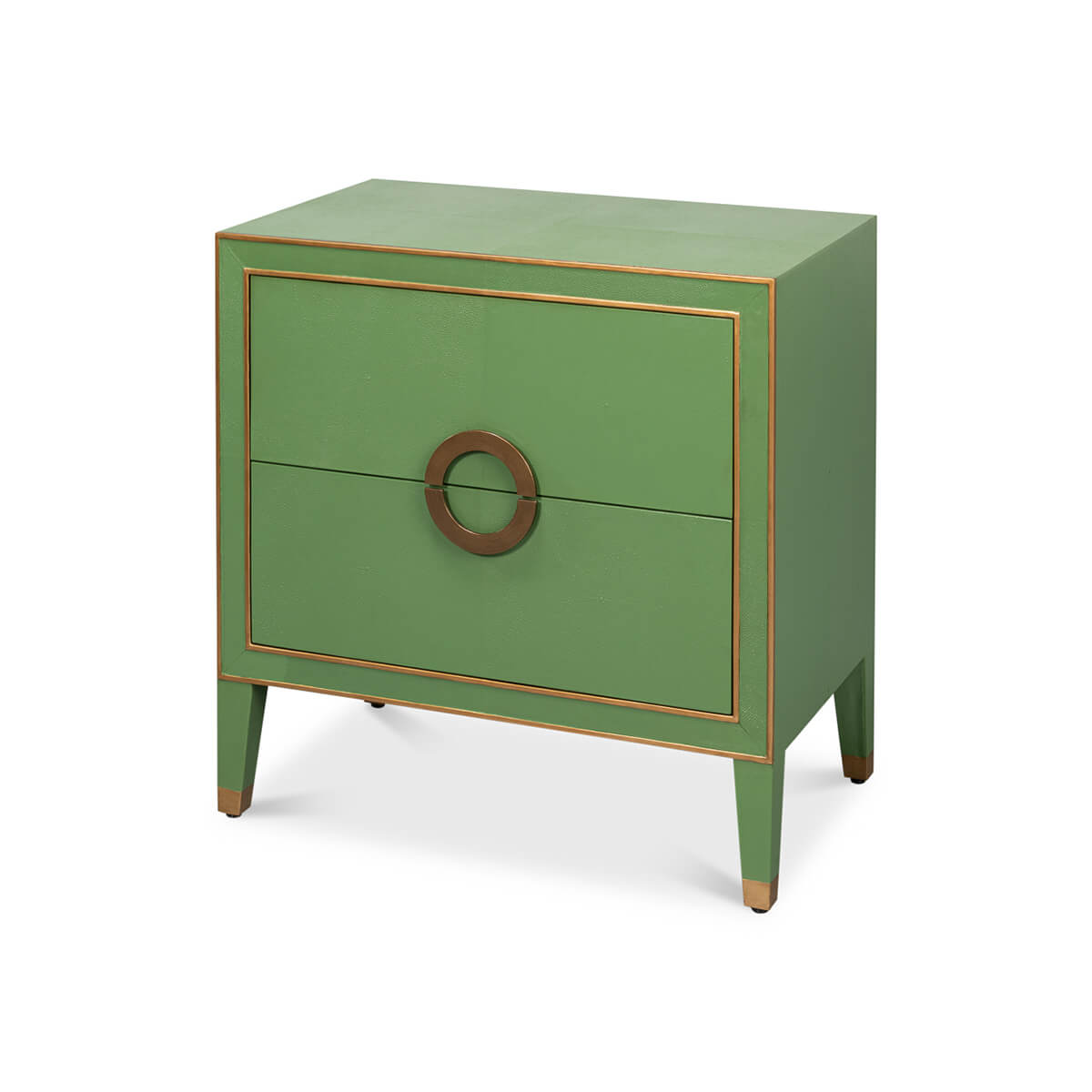 Watercress green modern nightstand angled view, two drawers.