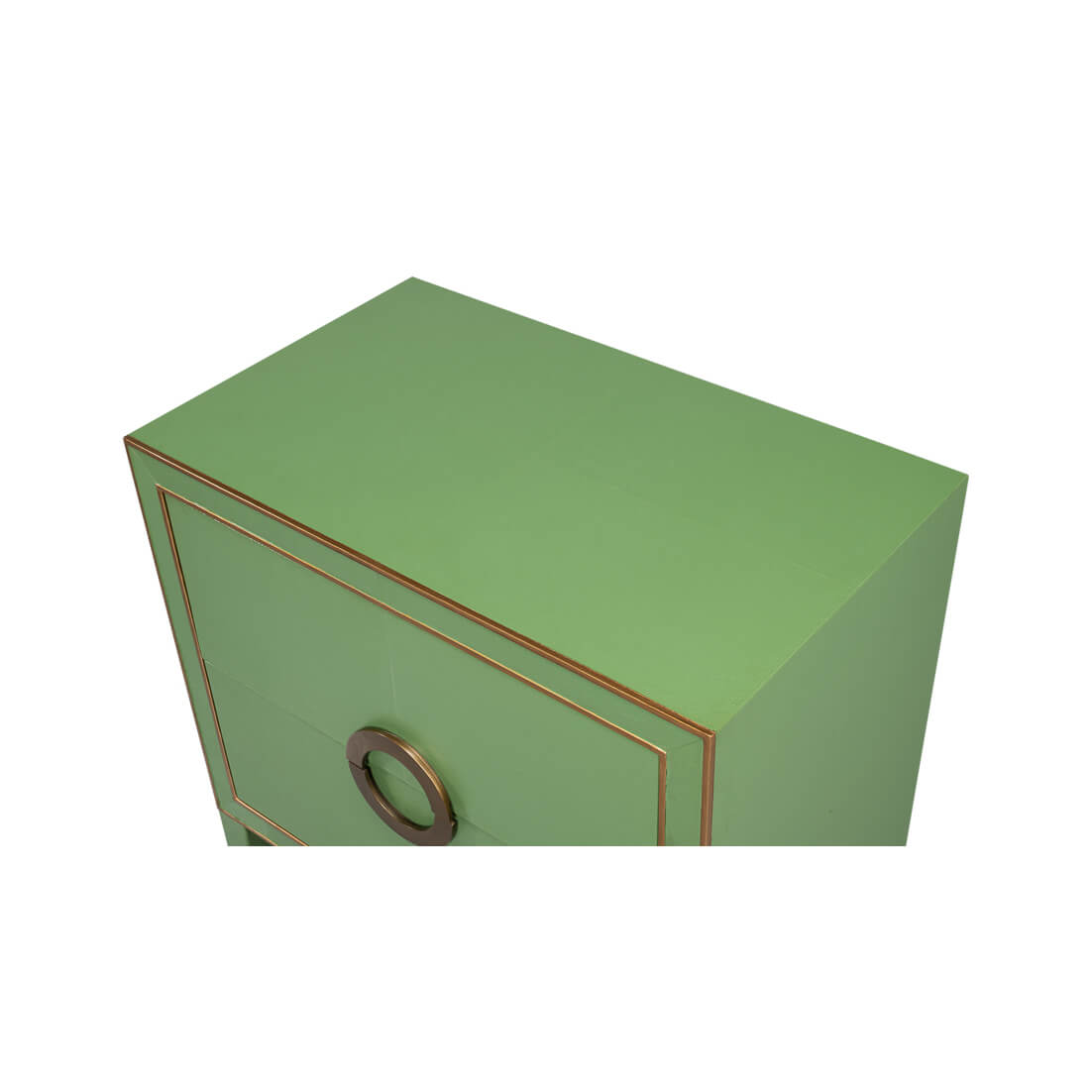 Top view of watercress green modern nightstand surface.