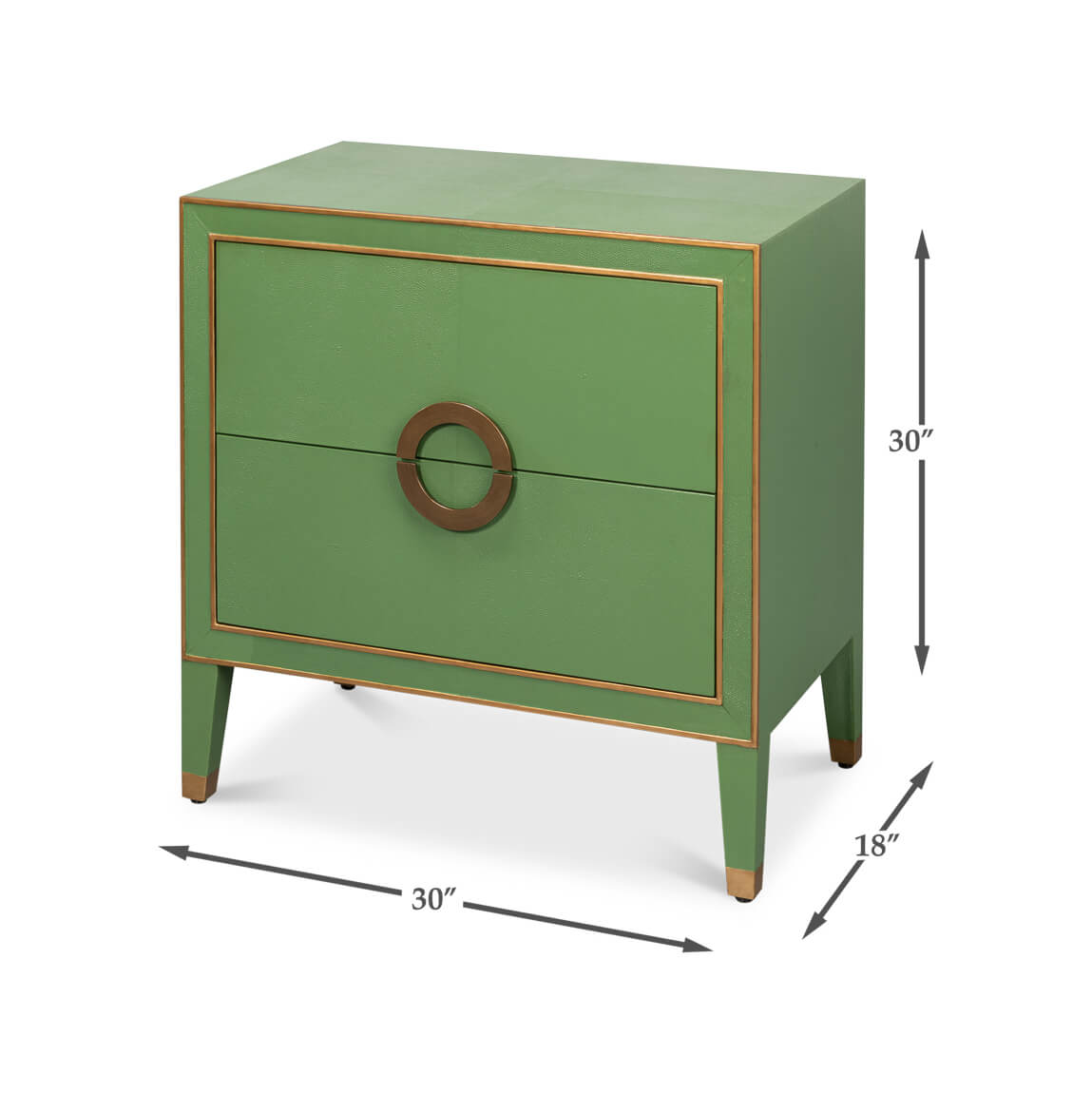 Watercress green nightstand dimensions, front angled view.