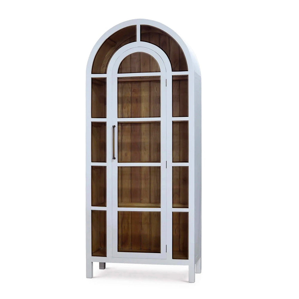 White arched display cabinet angled view closed.