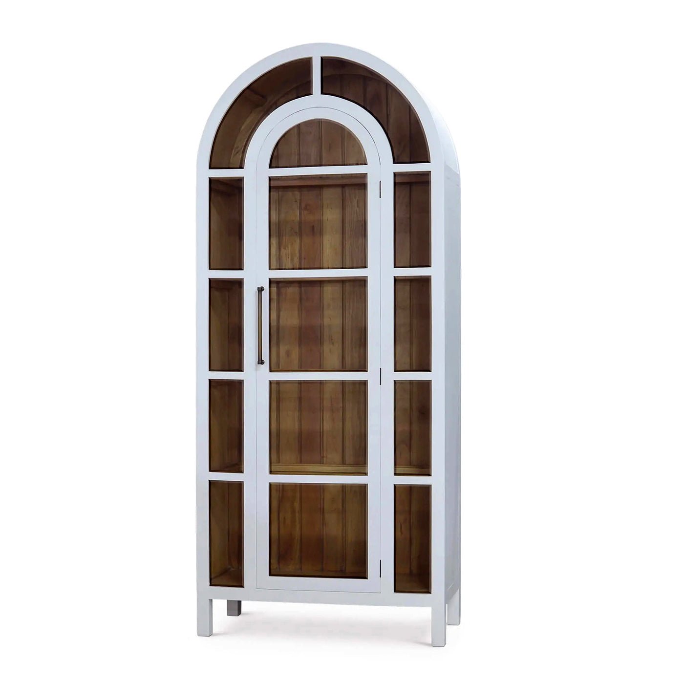 White arched display cabinet angled view closed.