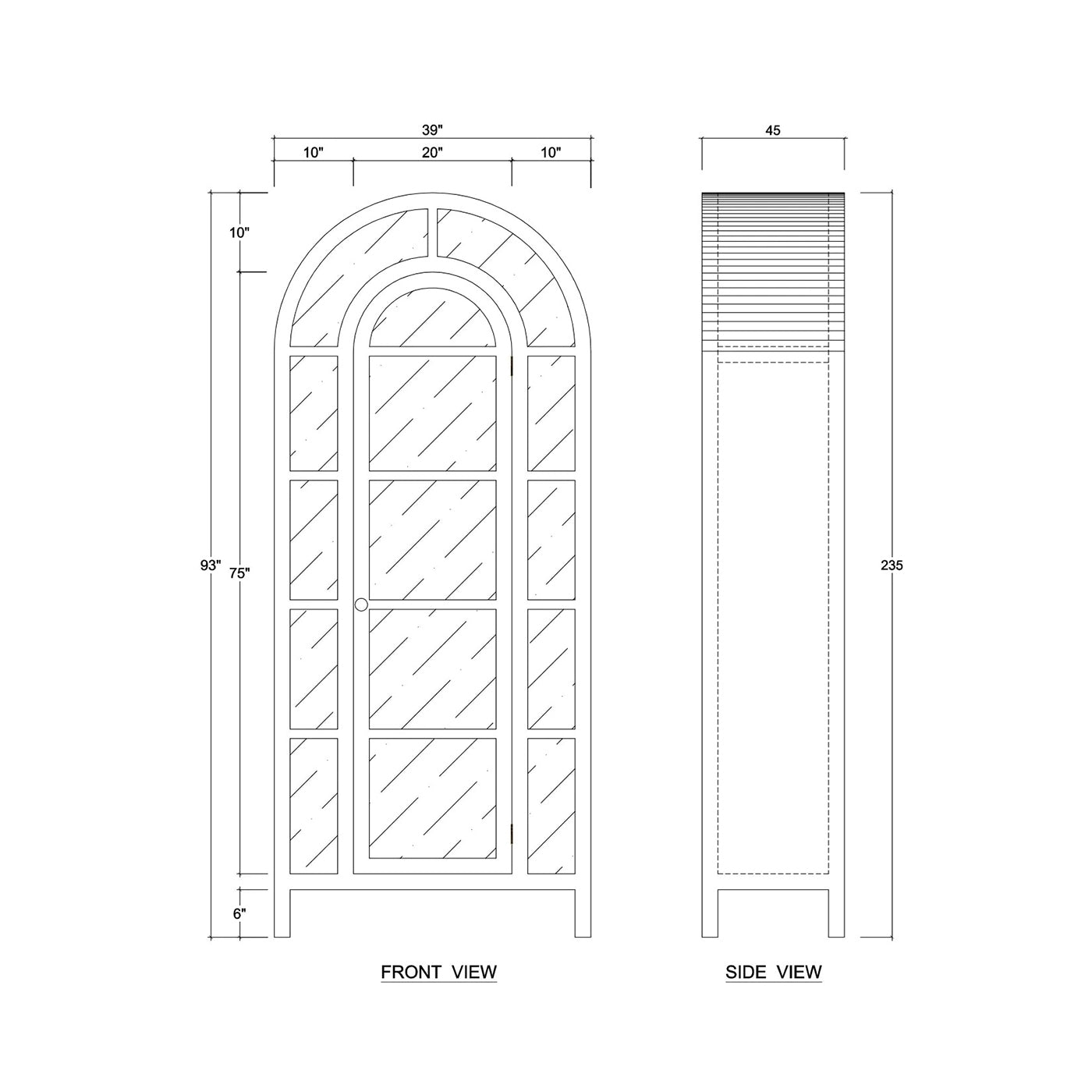 White arched display cabinet schematic with measurements.