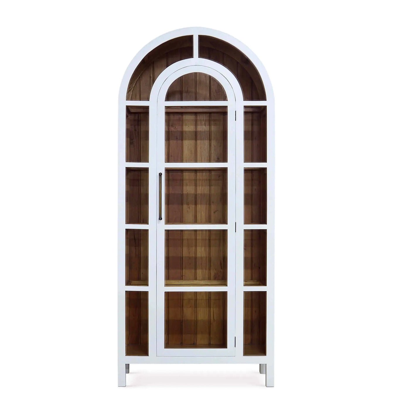 White arched display cabinet front view closed.