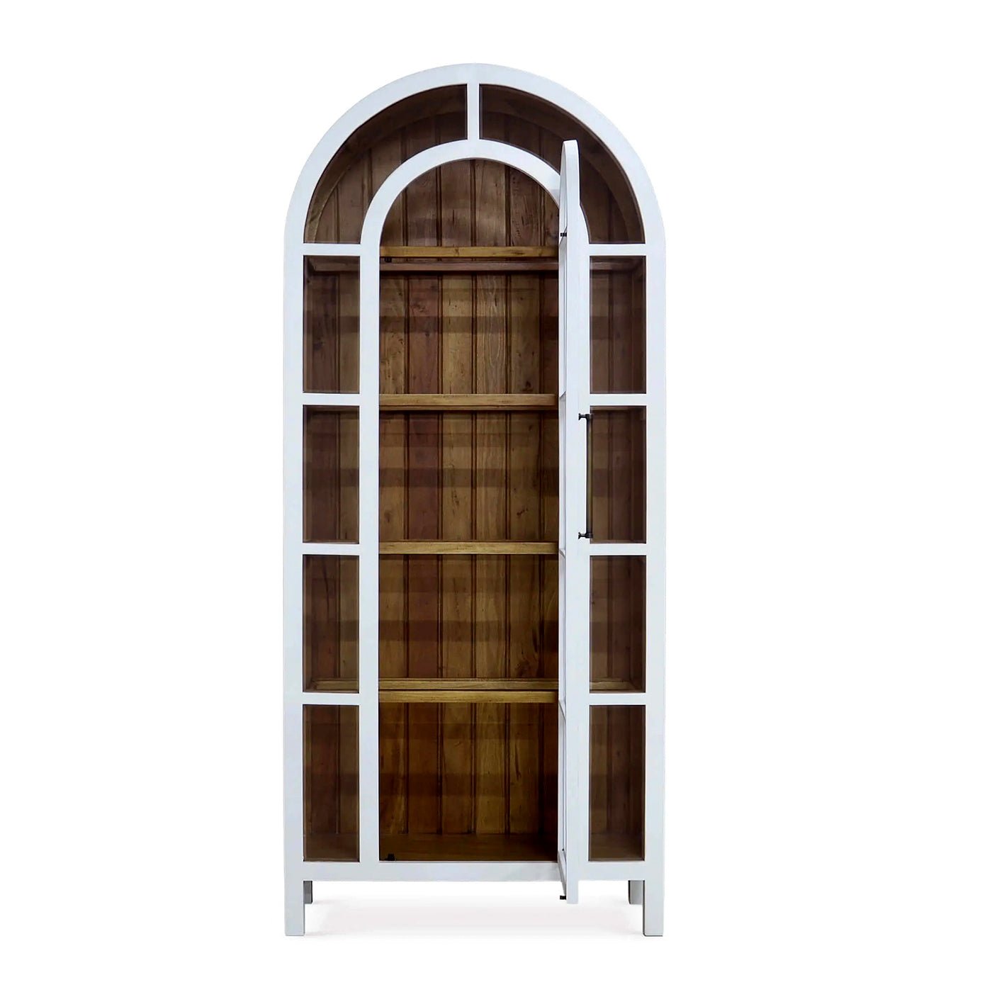 White arched display cabinet front view open door.