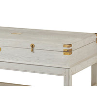 Close-up of white campaign coffee table's corner details.