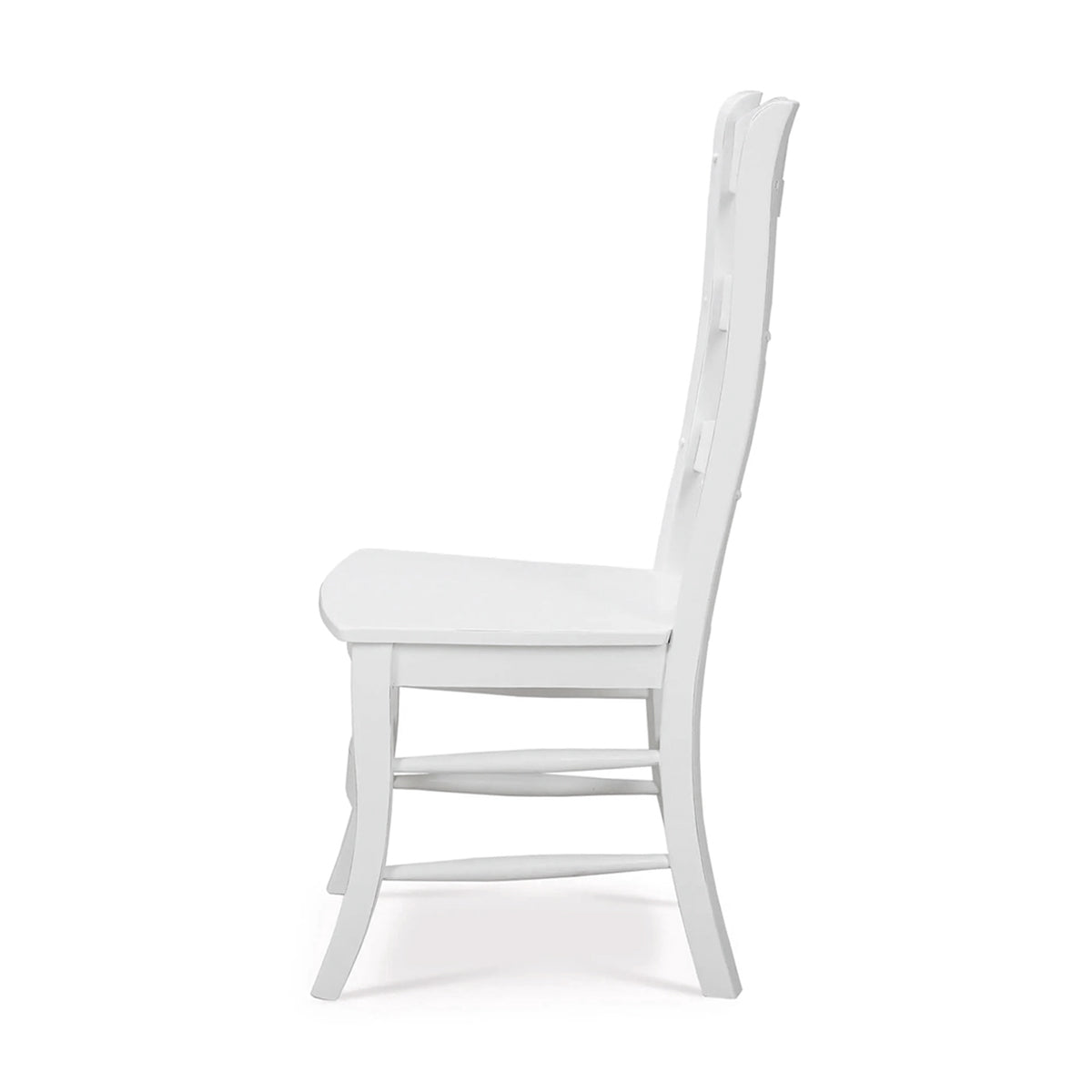 White ladder back dining chair side profile.