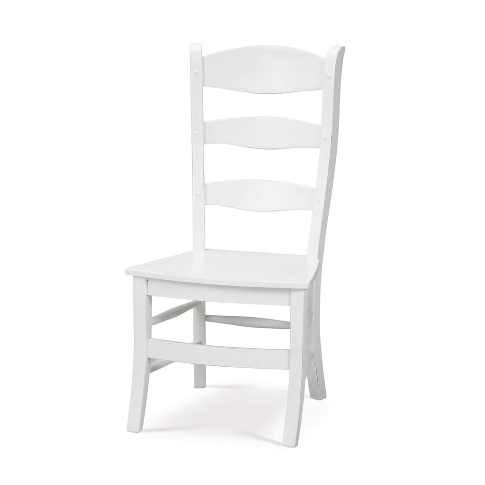 White ladder back dining chair angled view.
