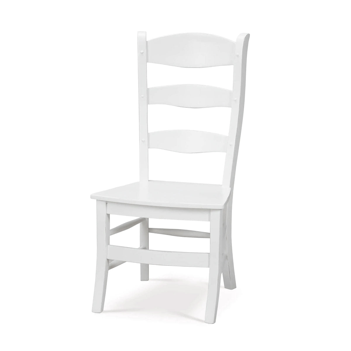 White ladder back dining chair angled view.