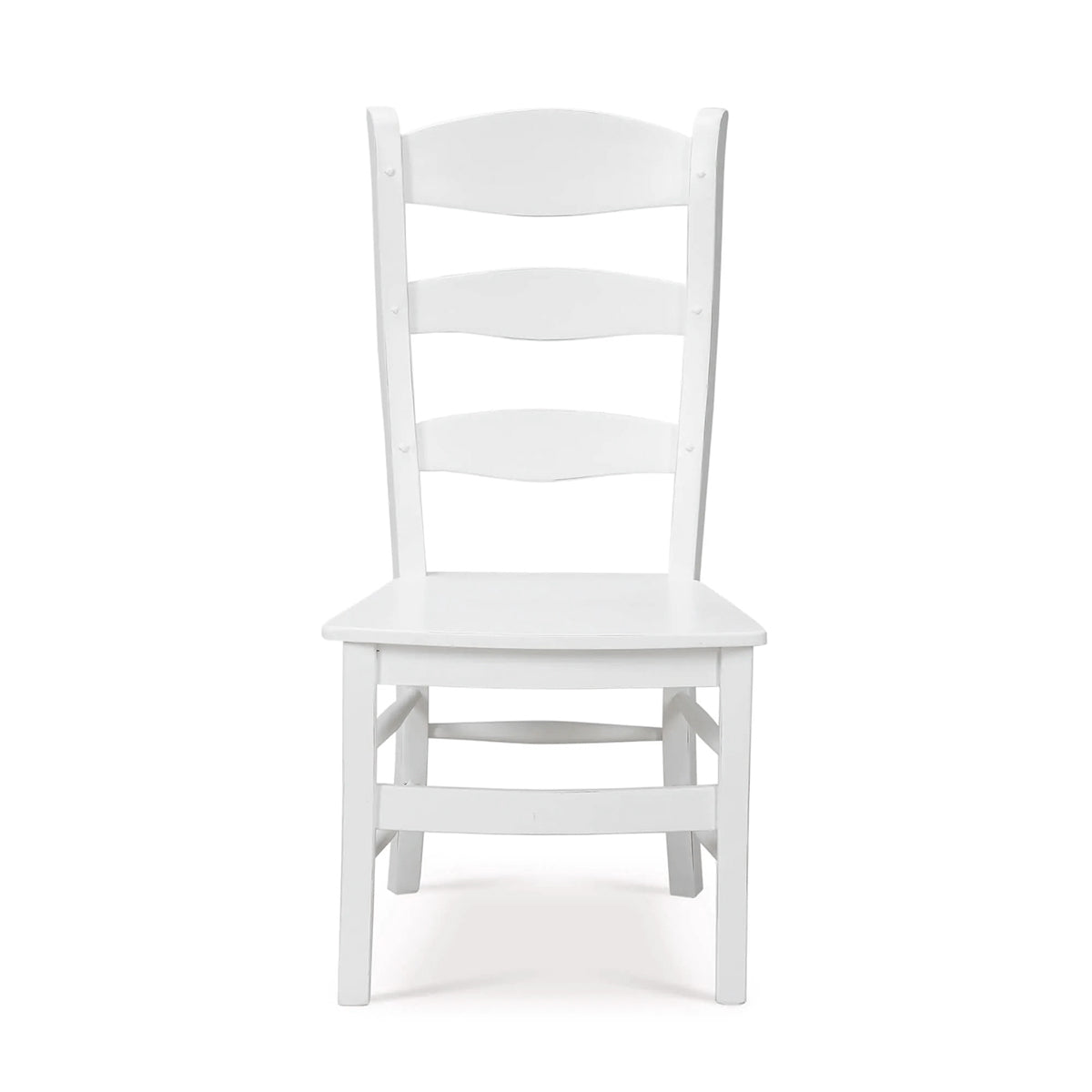 White ladder back dining chair front view.