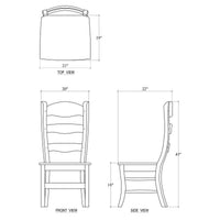 White dining chair dimensions and design diagram.