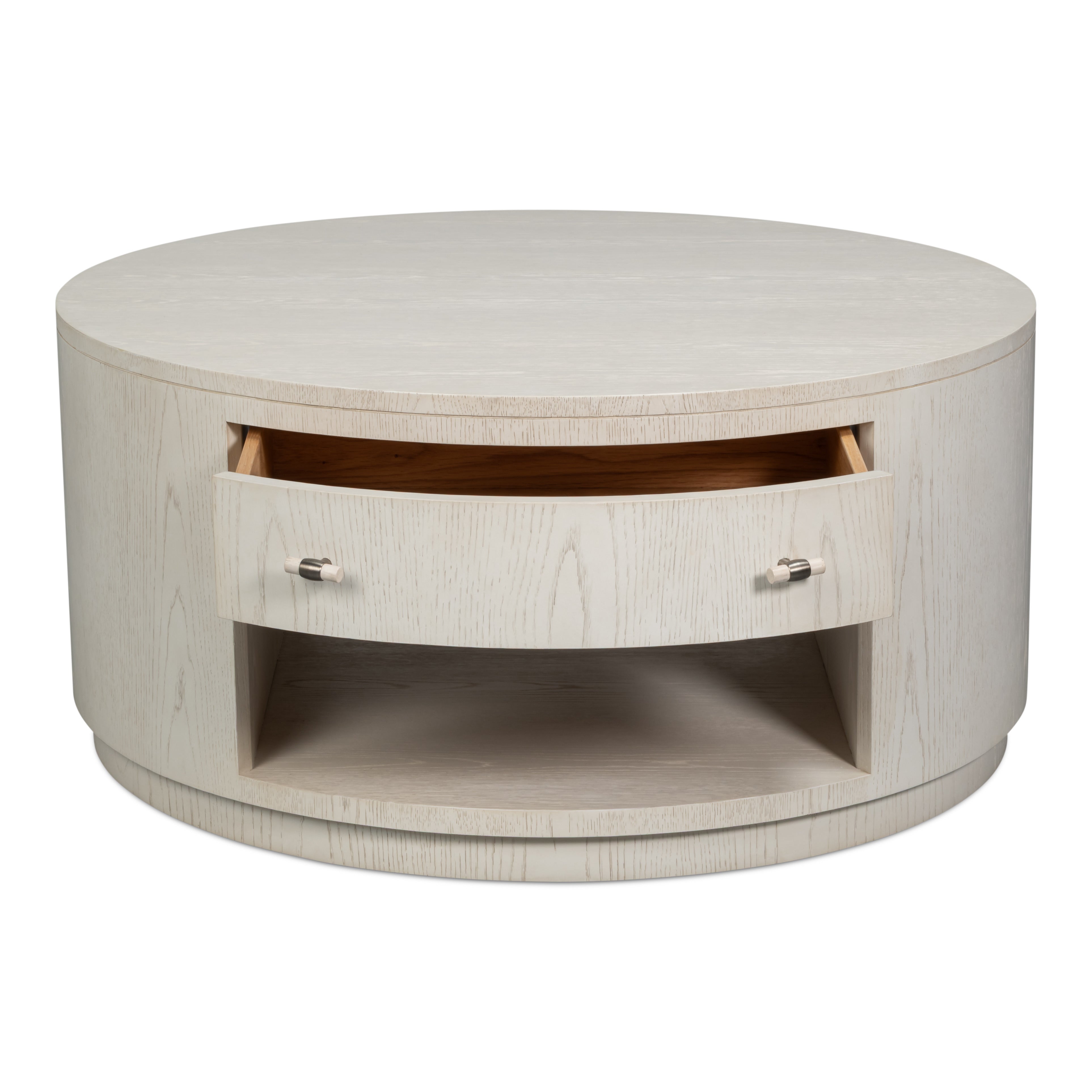 White Drum Coffee Table with Storage Drawer - additional view