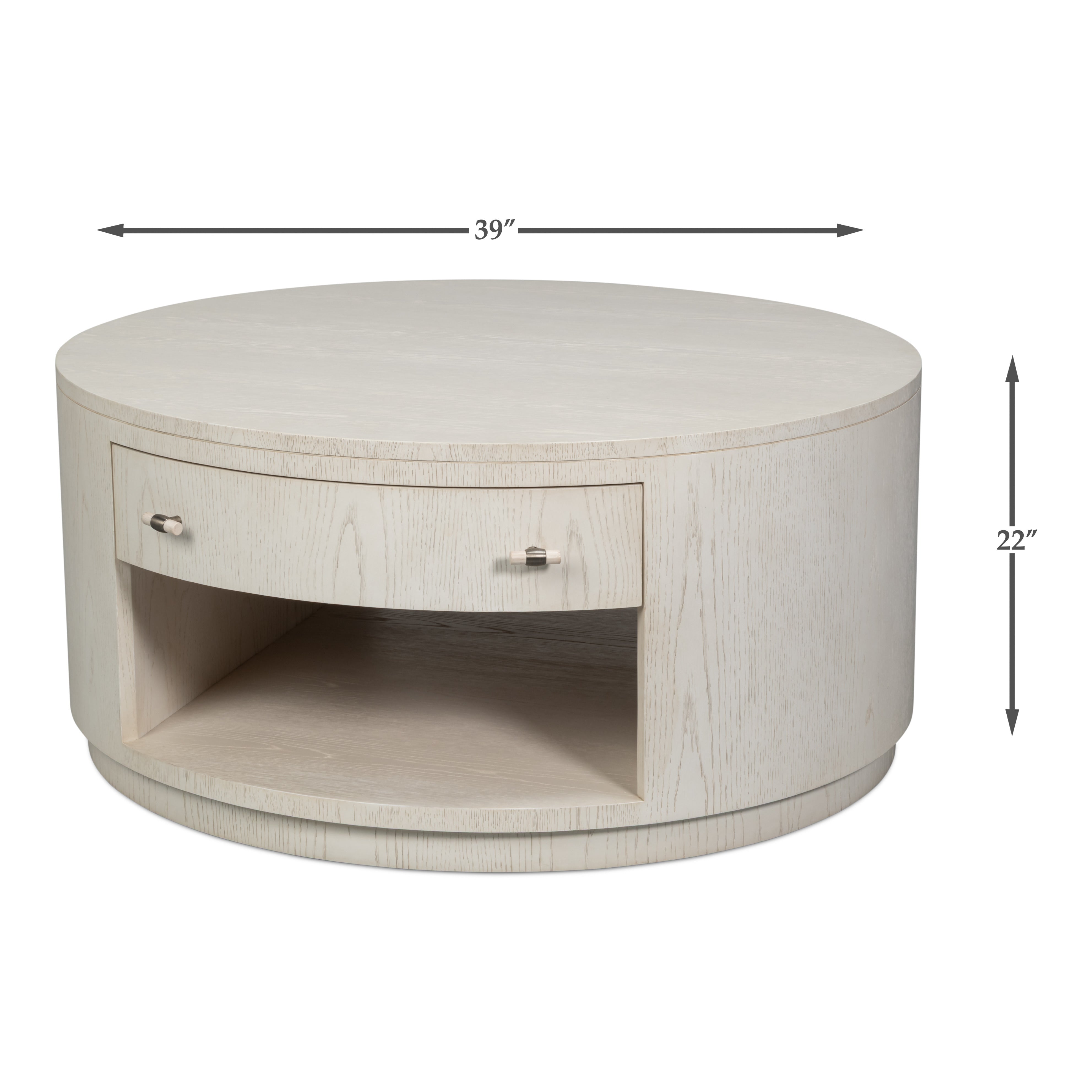 Dimension drawing for White Drum Coffee Table with Storage Drawer