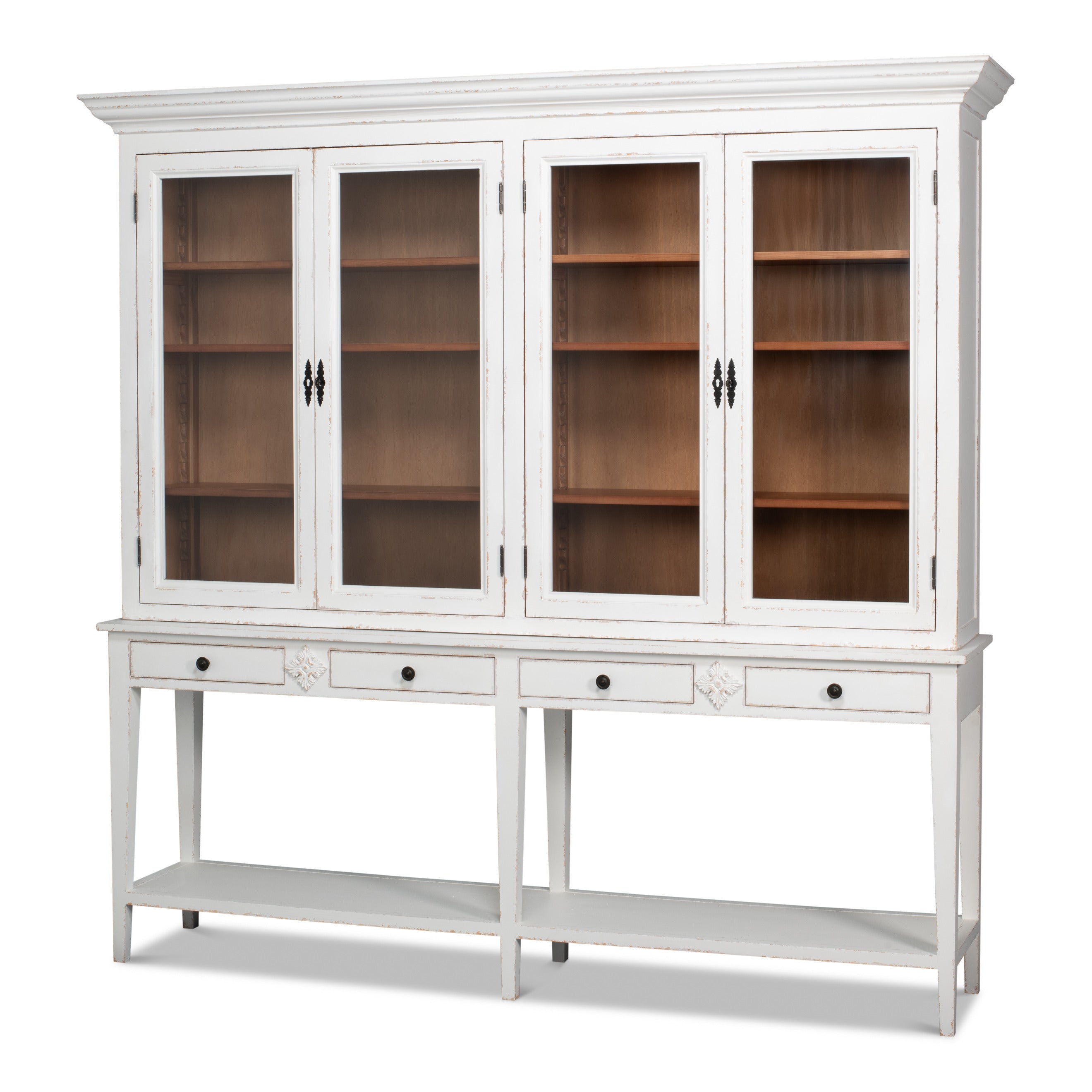 Tall white glass-front display cabinet in solid pine with divided glass doors