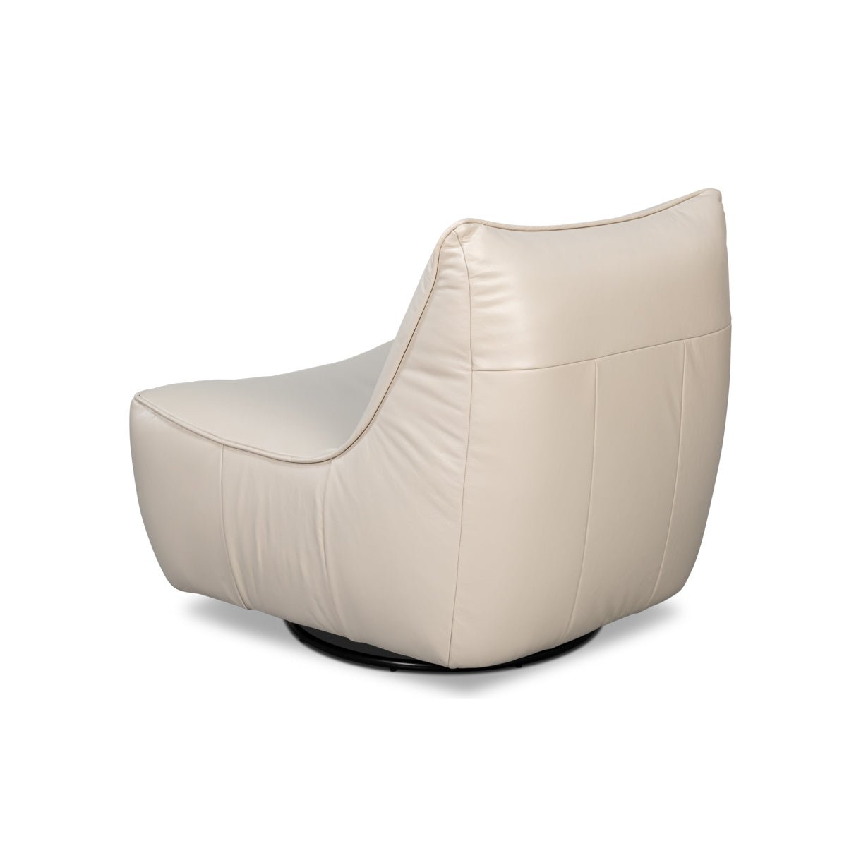 Rear angle of white leather swivel slipper chair