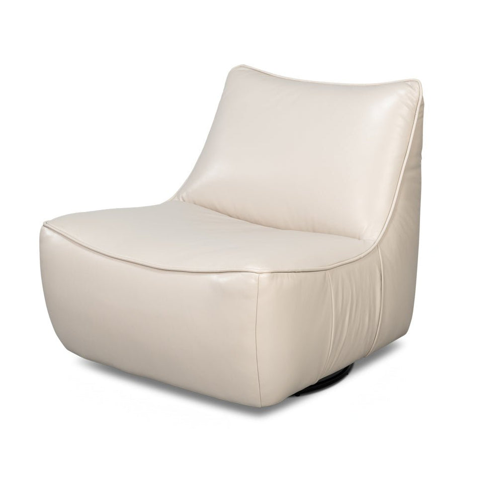 Front angle of white leather swivel slipper chair