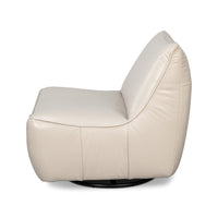 Side profile of white leather swivel slipper chair