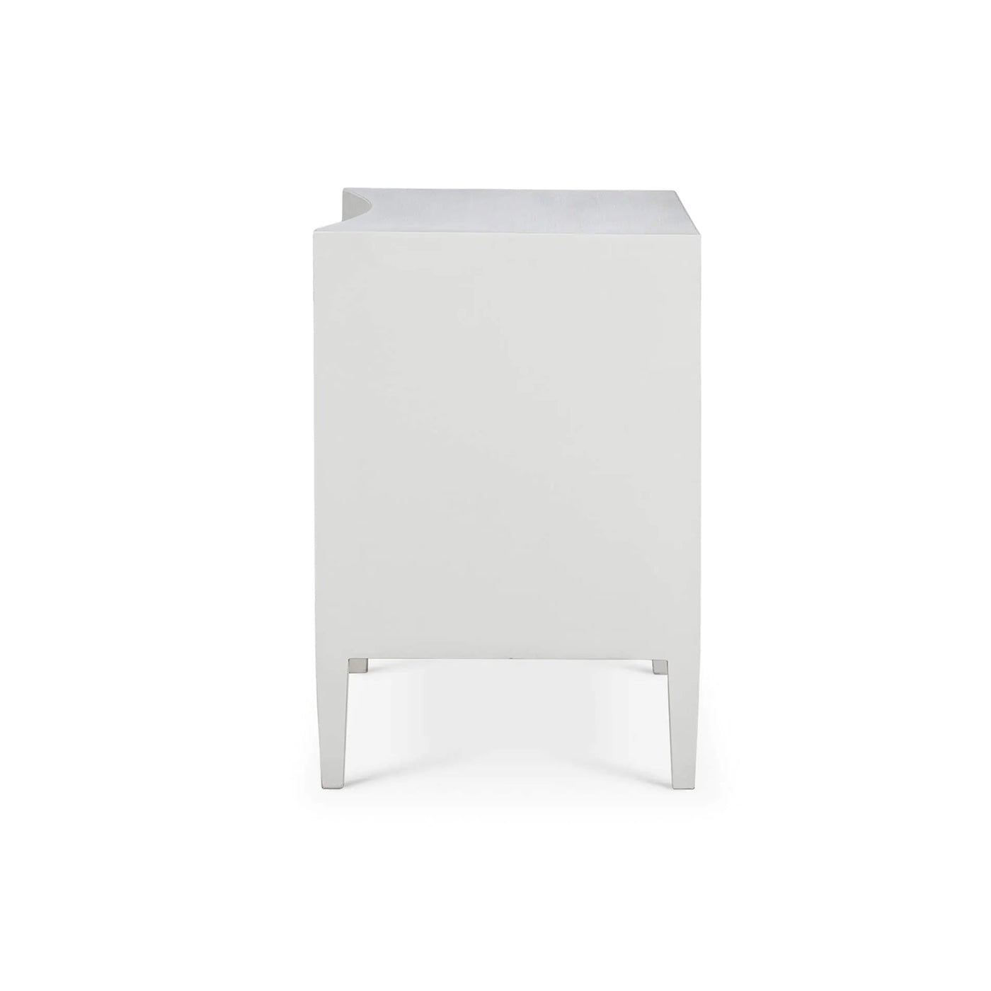Side view of white modern nightstand, simple design.