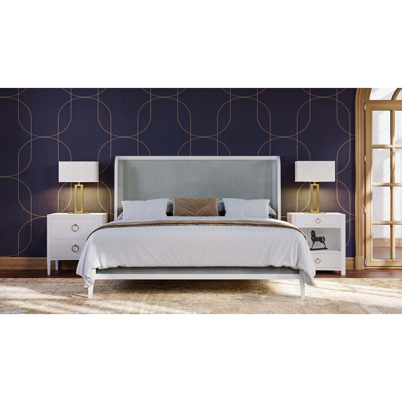 Nightstand beside bed in stylish bedroom decor.