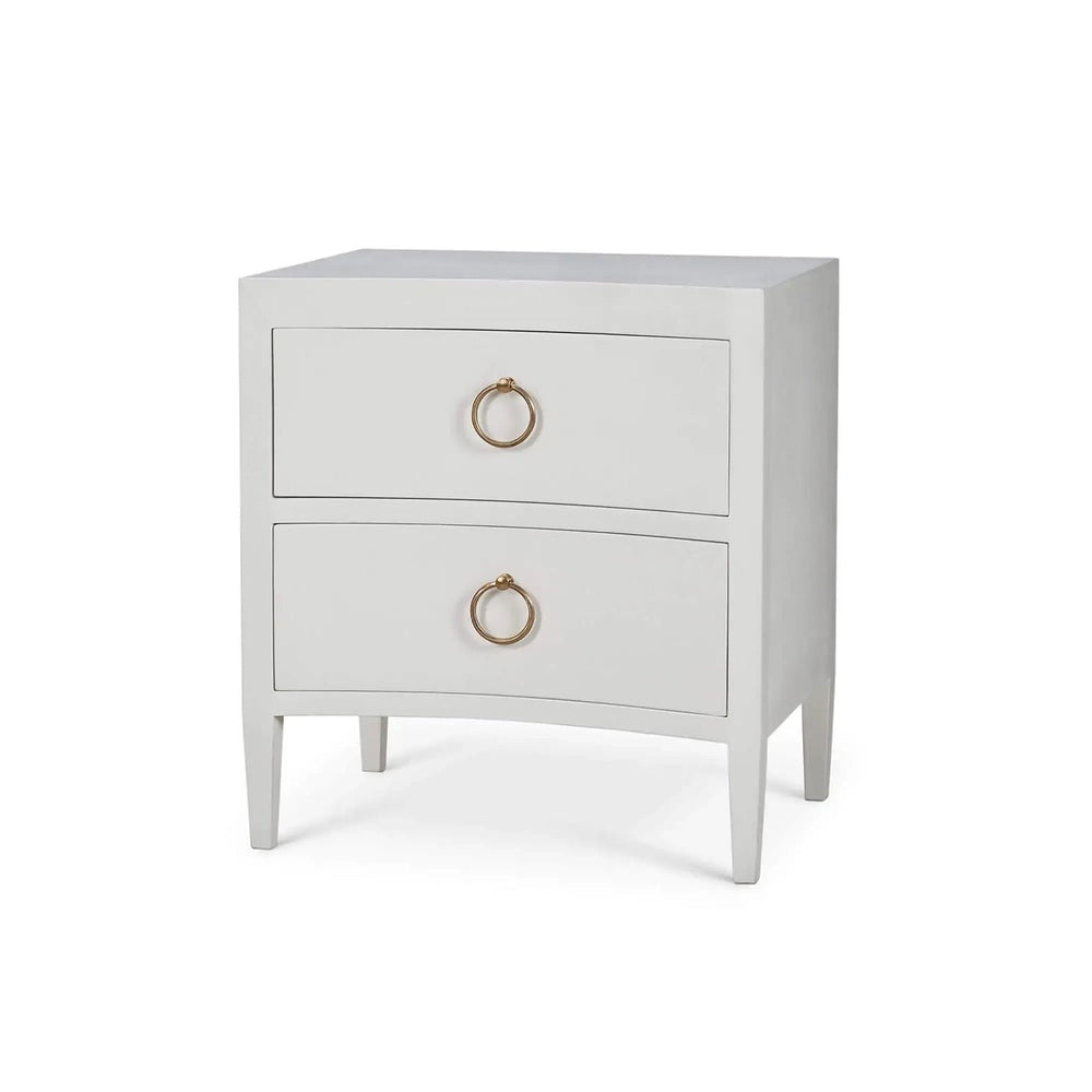 White modern nightstand with two drawers, angled view.