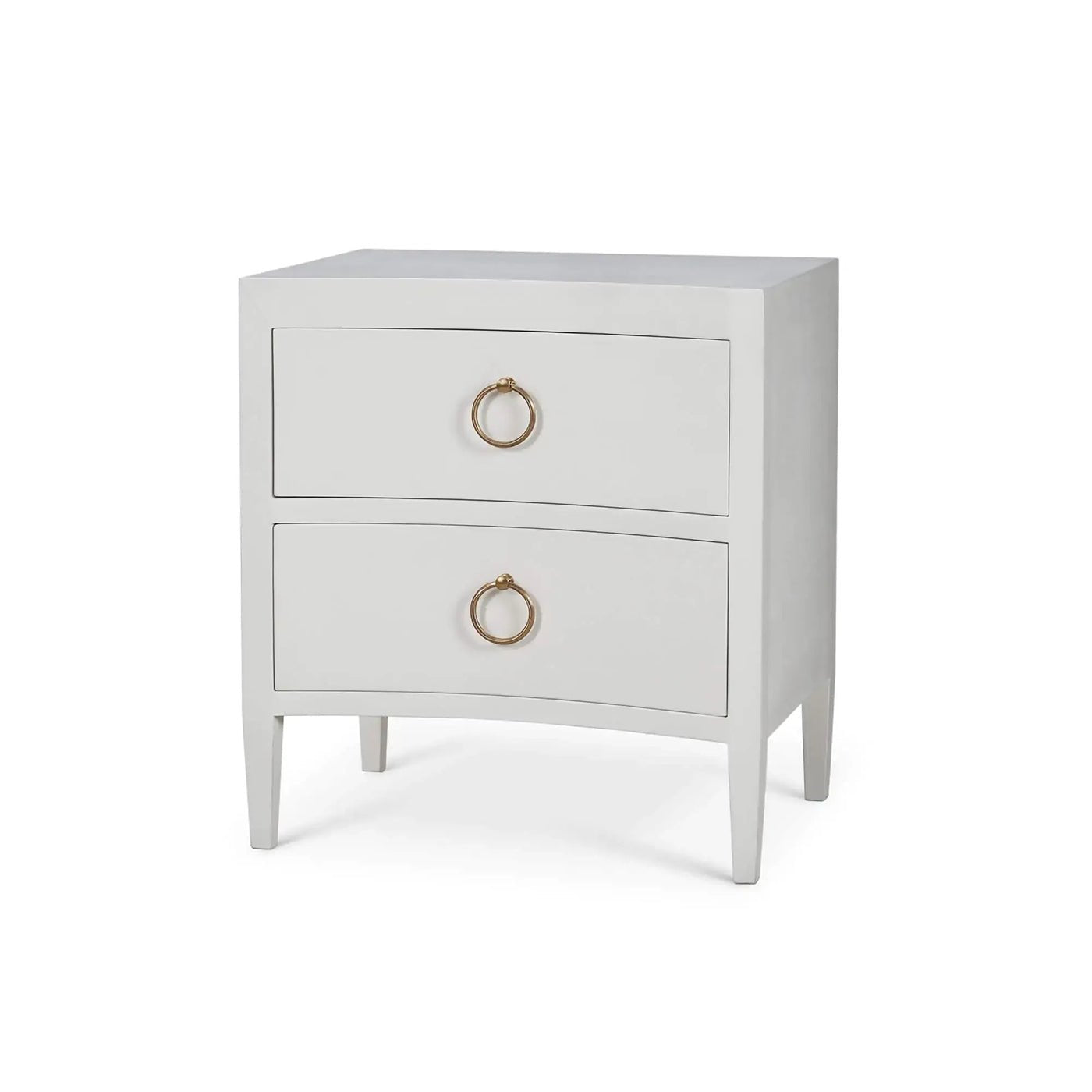 White modern nightstand with two drawers, angled view.