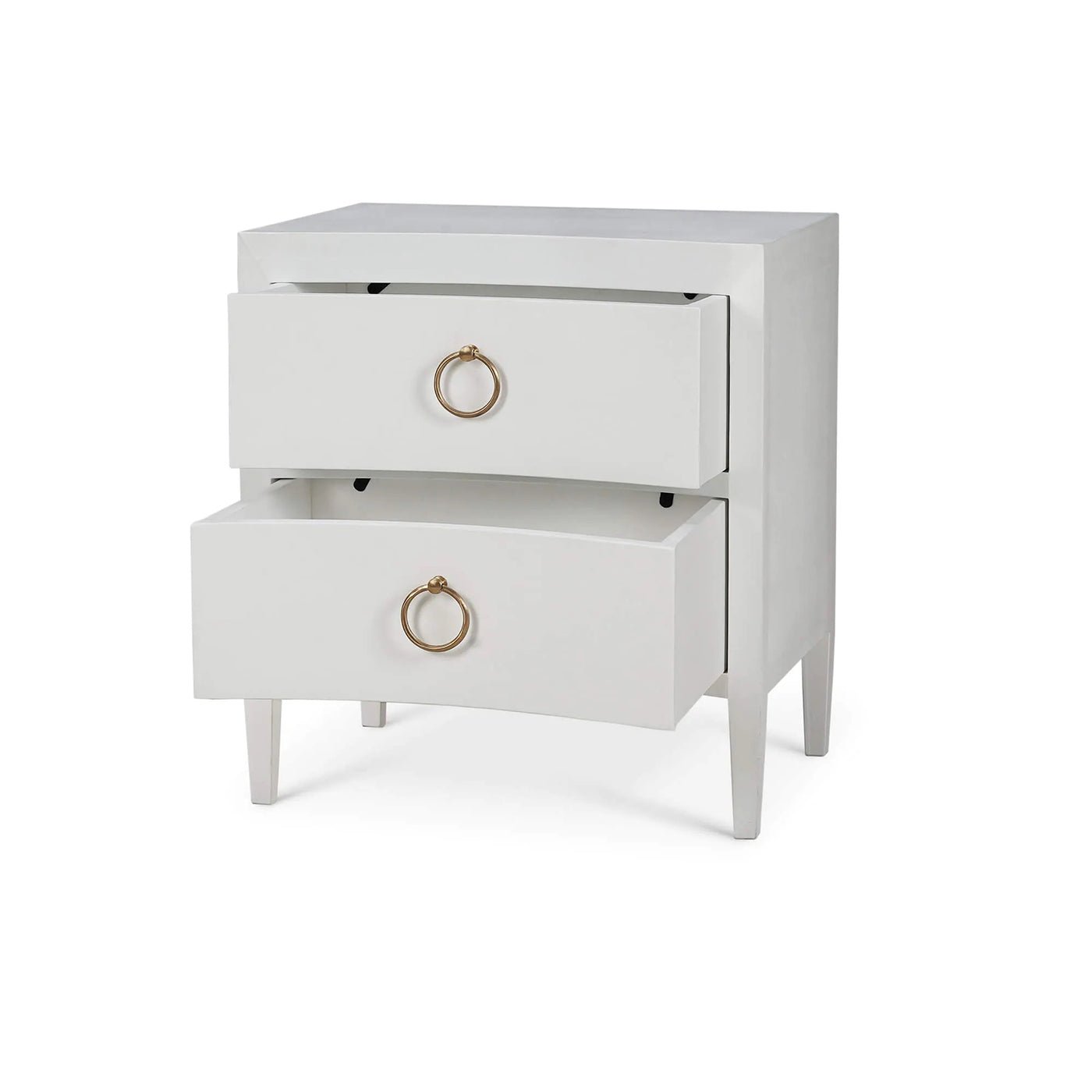 Modern nightstand with open drawers, side view.