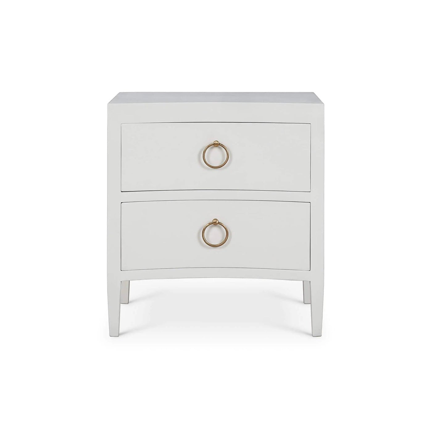 Front view of modern nightstand with gold handles.
