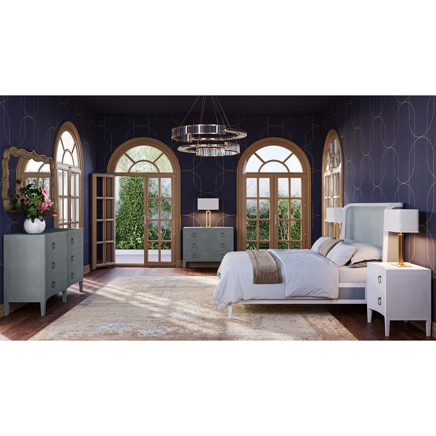 Elegant bedroom with modern nightstand and matching furniture.