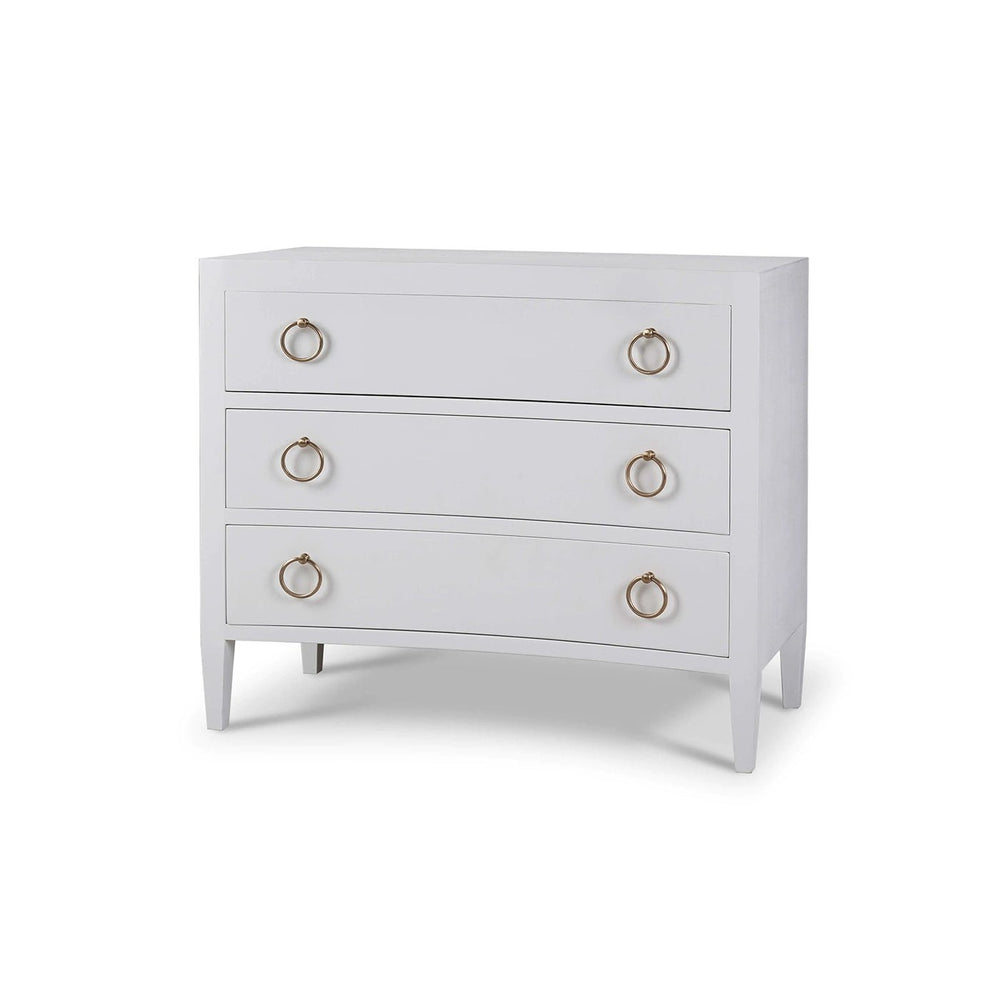 Front angled view of white modern chest of drawers.