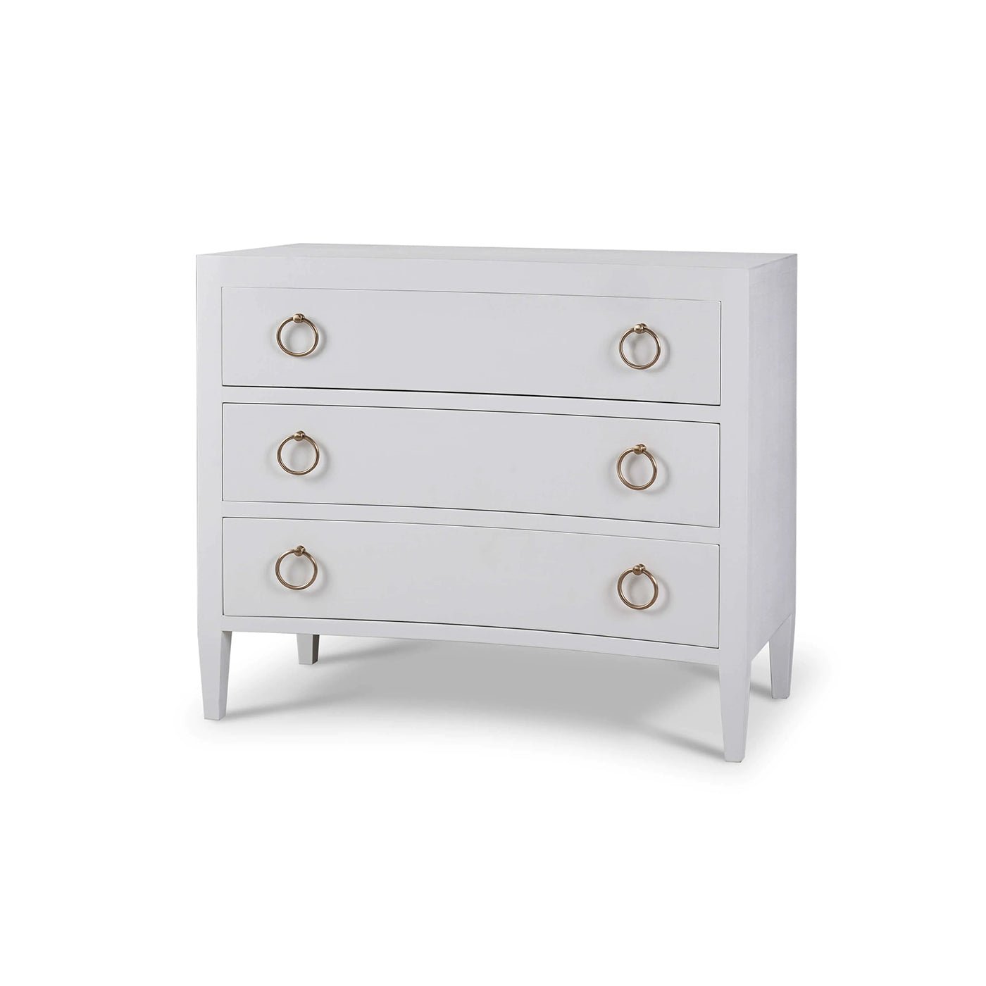 Front angled view of white modern chest of drawers.