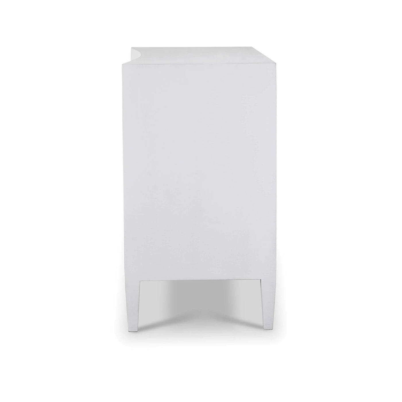 Side view of white modern chest of drawers.