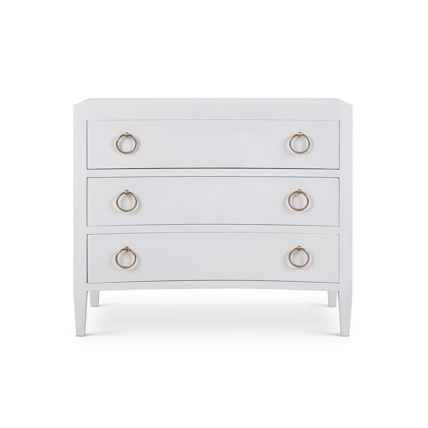 Straight front view of white modern chest of drawers.