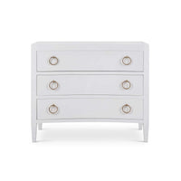 Straight front view of white modern chest of drawers.