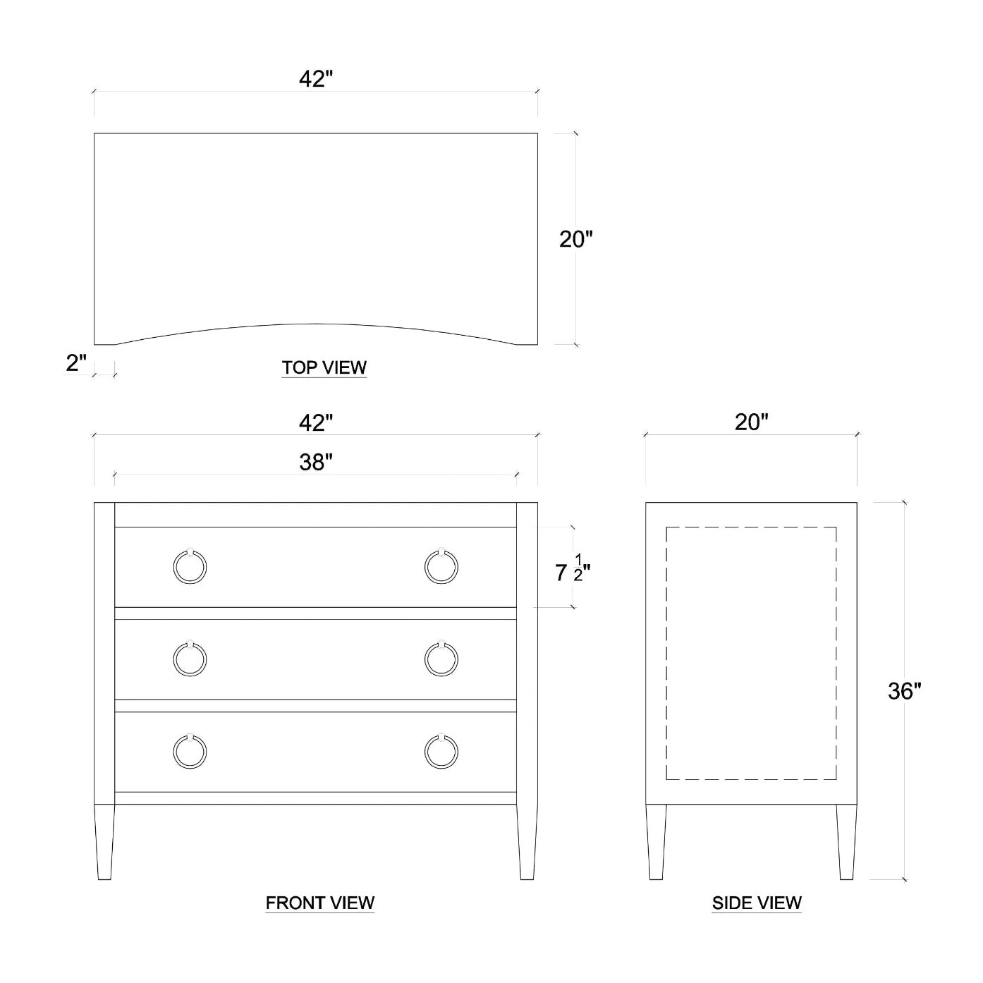 Dimensions diagram of white modern chest of drawers.
