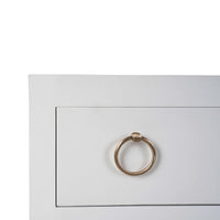 Close-up of drawer handle on white modern chest.