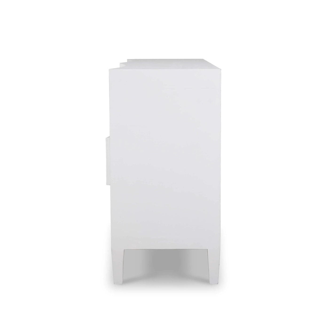 White linen modern dresser, side profile view.