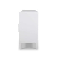 White linen modern dresser, side profile view.