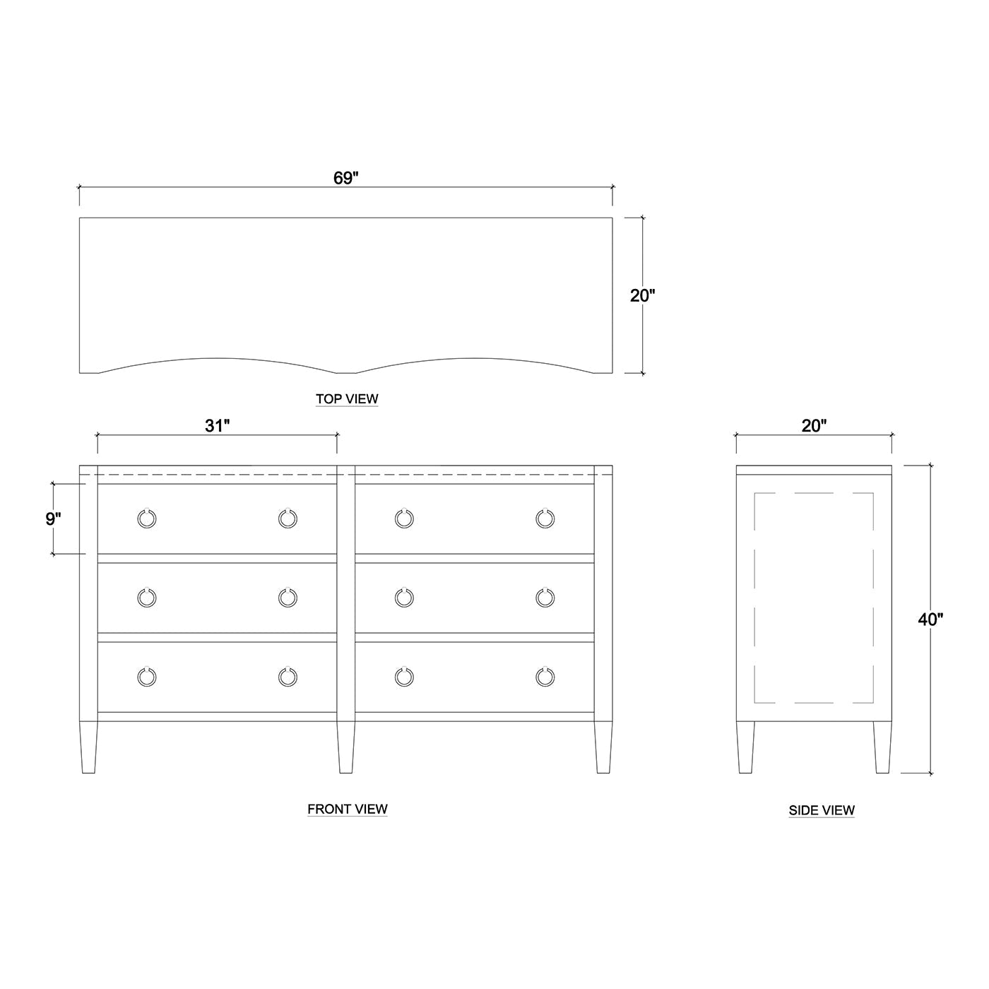 White linen modern dresser, technical dimensions illustration.
