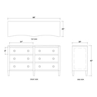 White linen modern dresser, technical dimensions illustration.