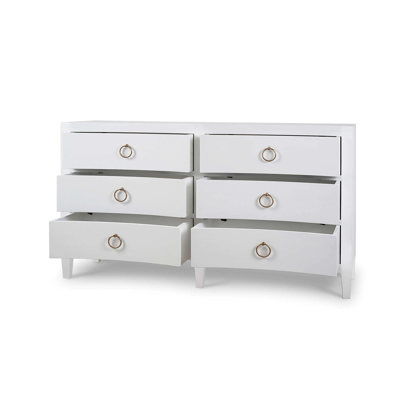White linen modern dresser, partially open drawers.