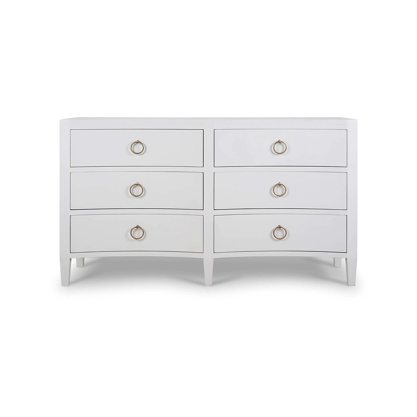 White linen modern dresser, straight front view.