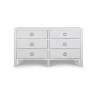 White linen modern dresser, straight front view.