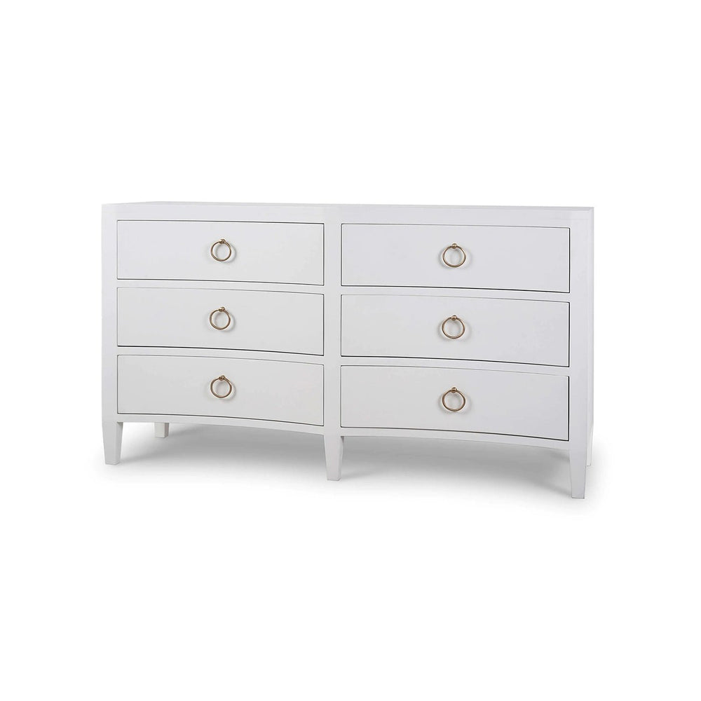 White linen modern dresser, three-fourths front view.
