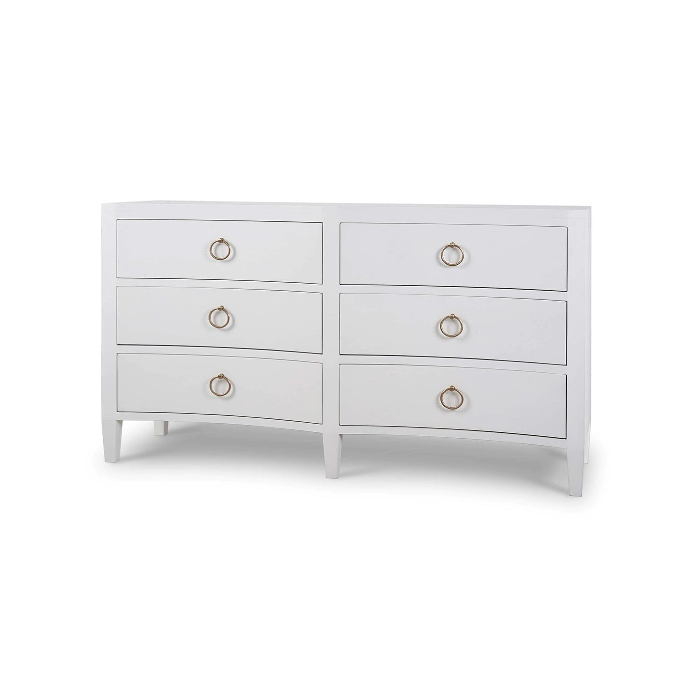 White linen modern dresser, three-fourths front view.
