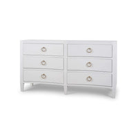White linen modern dresser, three-fourths front view.
